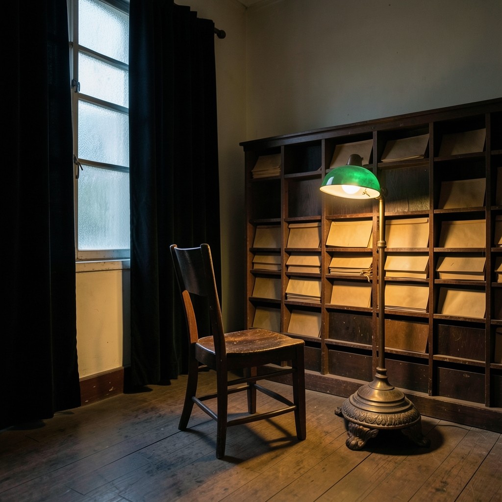 A dusk academic office with wooden pigeonholes of kraft envelopes and one copper lamp