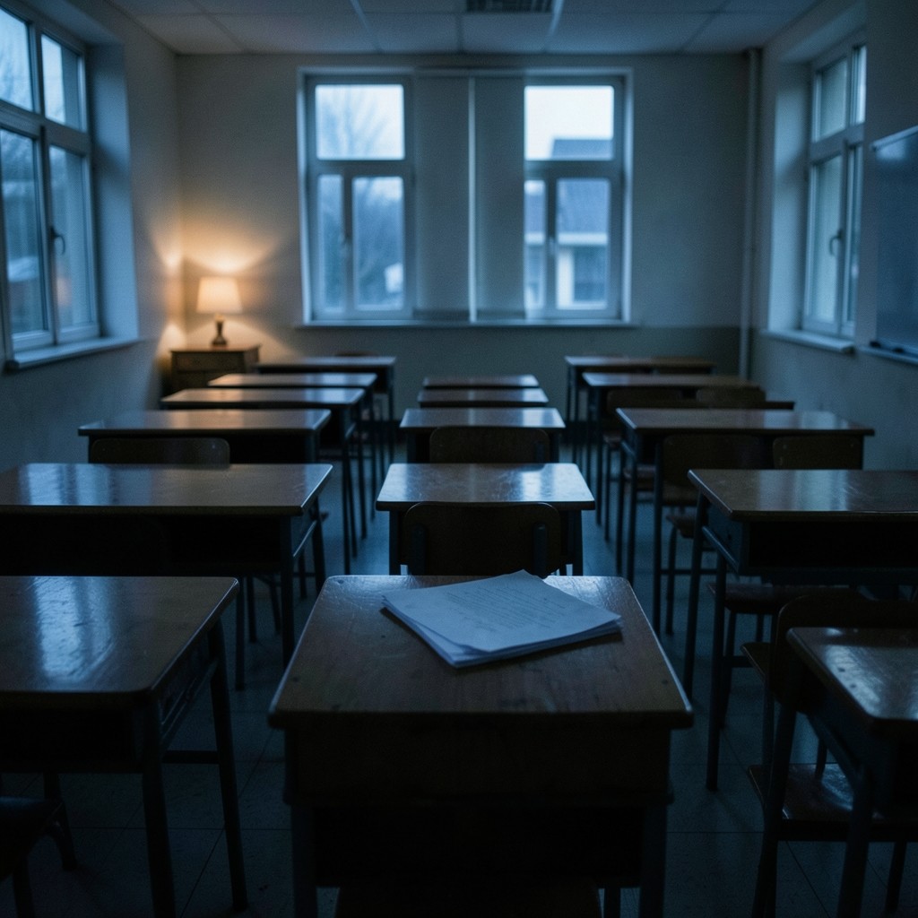 An empty secondary classroom after hours with a stack of face-down papers on the desk