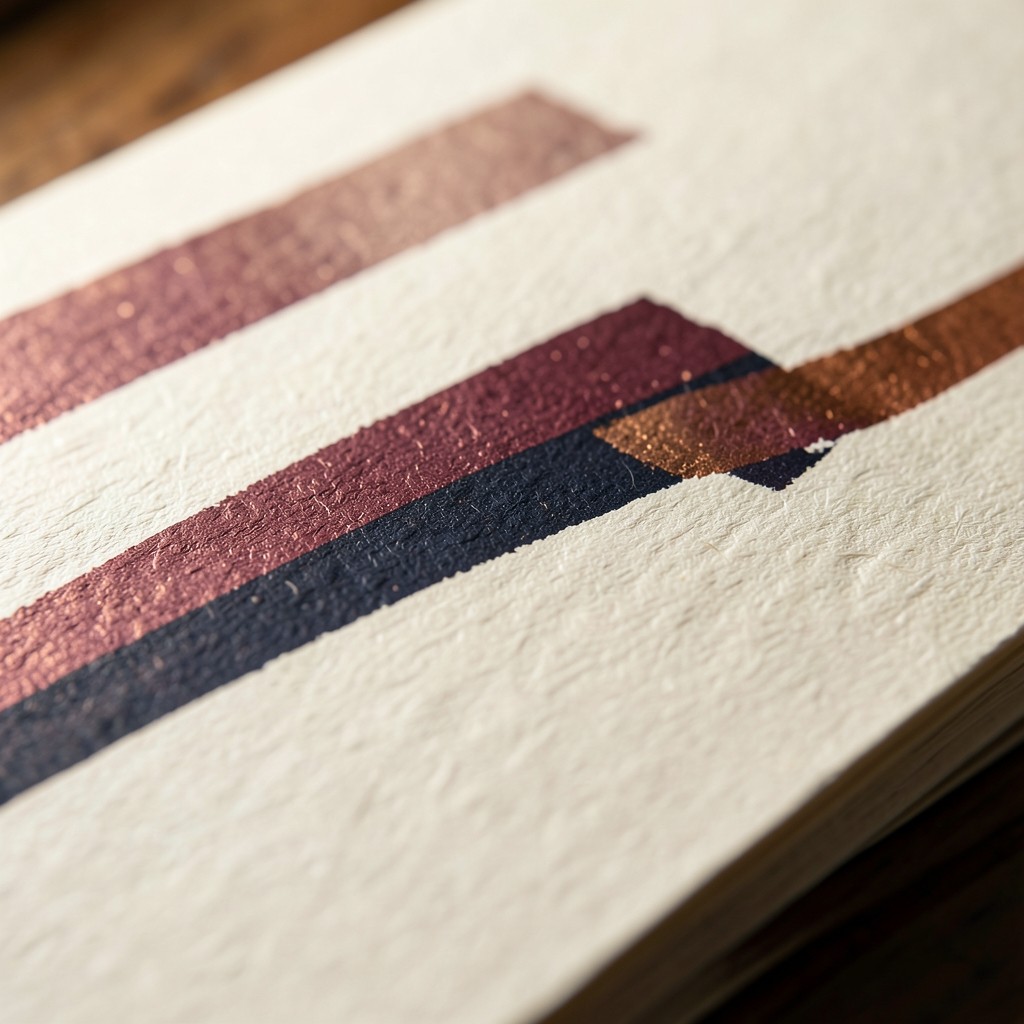 Close view of horizontal ink bands in burgundy, navy, and copper on thick ivory paper
