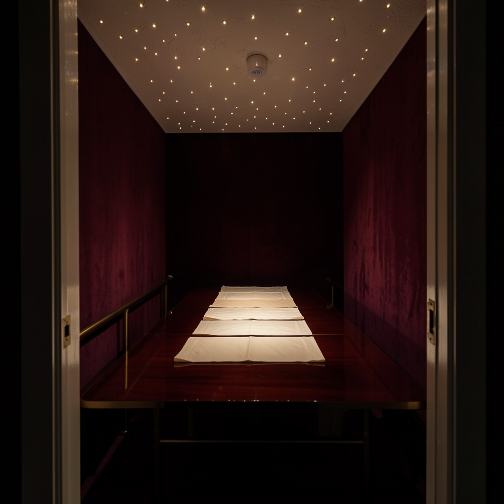 A velvet-lined chart room seen from the doorway, with cream sheets laid in order on a long table