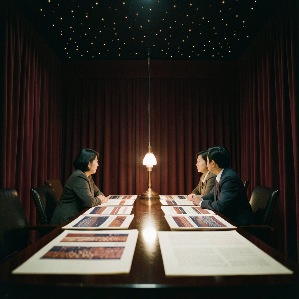 A dim committee room with cream examination charts spread on a lacquered table under a copper lamp