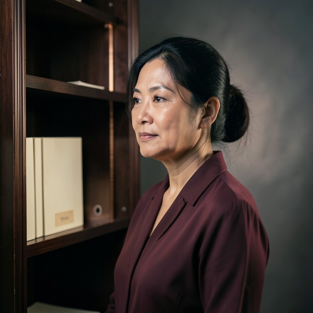 Portrait of Arisa Thongchai beside a shelf of cream folders in warm copper light