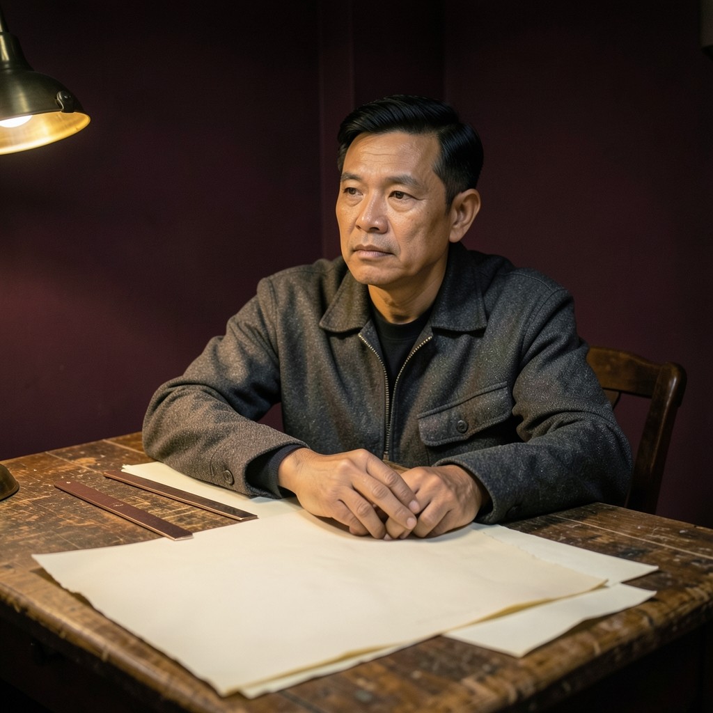 Portrait of Niran Phetkasem at a draughting table with cream sheets and a copper straightedge