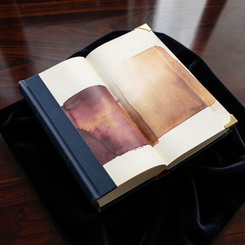 A thick bound cream chart book open on lacquered wood with brass corners
