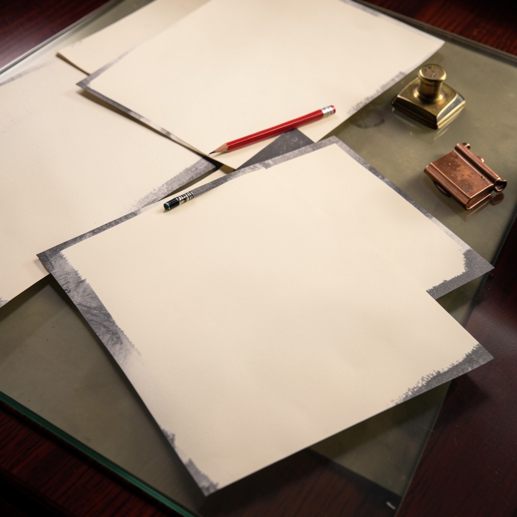 Face-down examination sheets, a red pencil, and a brass weight on smoked glass