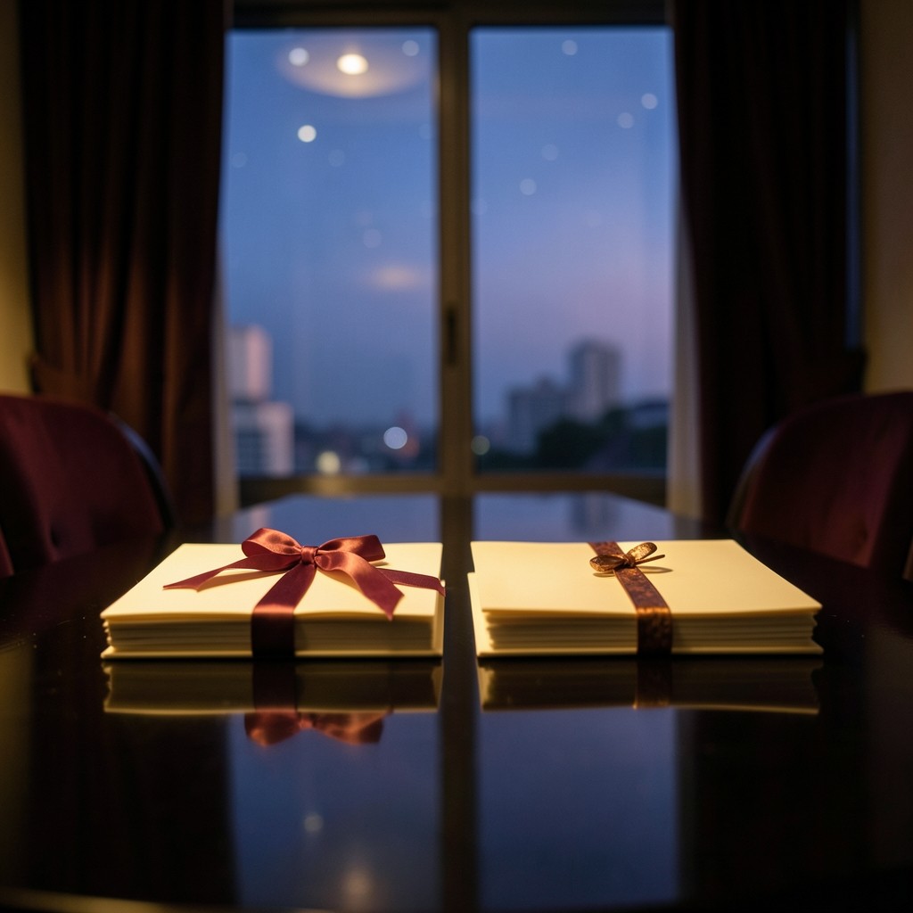 Two stacks of cream folders on a long dark table, one tied in burgundy and one in copper ribbon